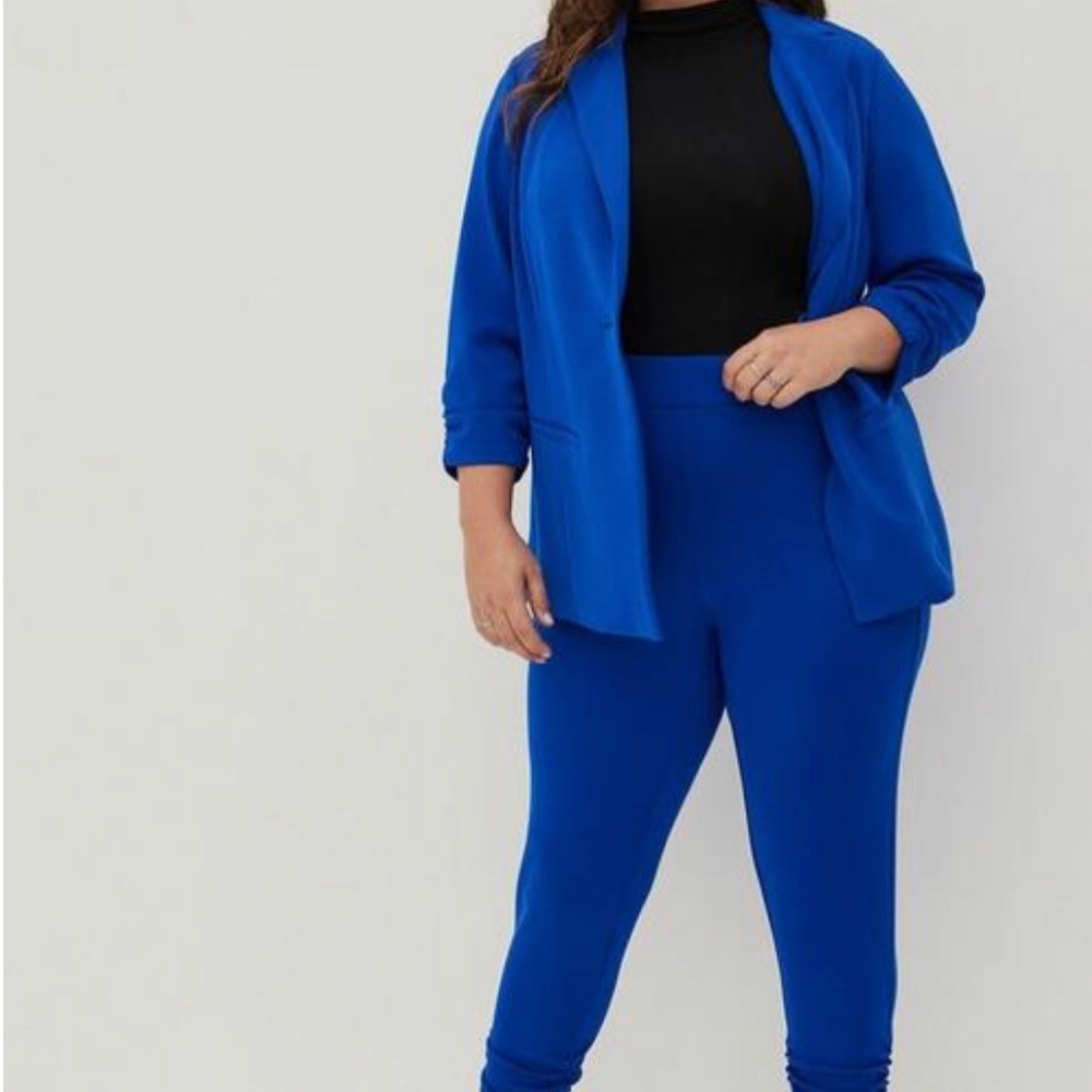 Single Button Blazer Cupro Electric Blue & Side Cinch Pull-On Cropped Jogger.